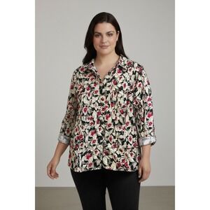 CJ Banks Womens 2X Floral Rose Print Button Down Shirt Jacket Cream Pink Black